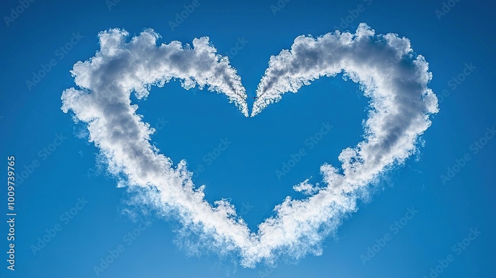 Naklejka premium A heart-shaped cloud resembling a plane soaring through a blue sky with white smoke emanating from its tail