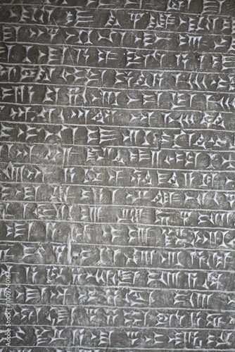Fotografia Intricate Sumero-Akkadian cuneiform inscriptions etched in clay, revealing stori