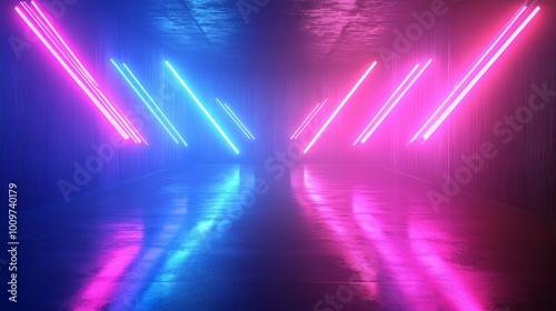 Abstract background with glowing neon lights of blue pink colors on opposite facing arrows on shiny reflecting stage.