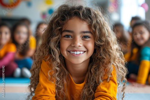 Smiling Schoolgirl with curly hair lying on floor in Classroom, surrounded by other happy Classmates in bright, colorful setting. School Process Concept