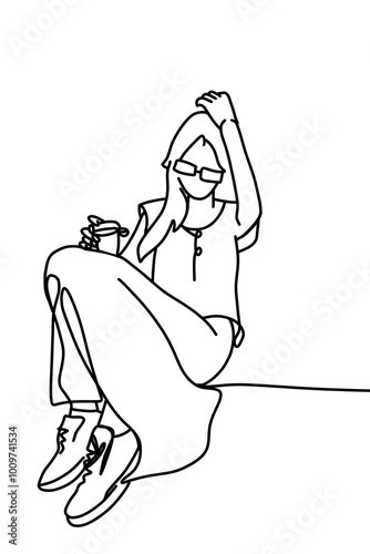 One continuous line drawing, a girl sitting and drinking 