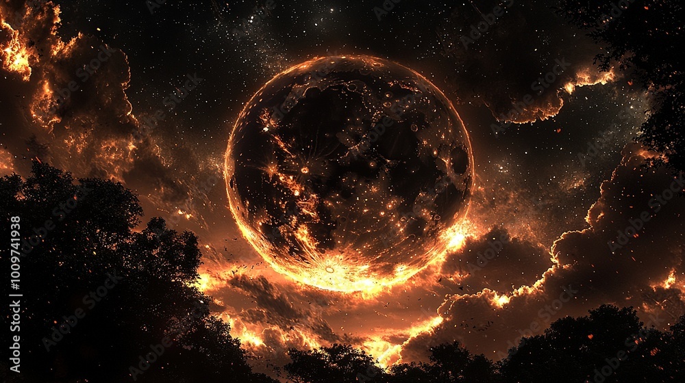 Obraz premium A stunning photo of a fiery ball soaring in the dark sky with towering trees framing it and countless stars glistening behind