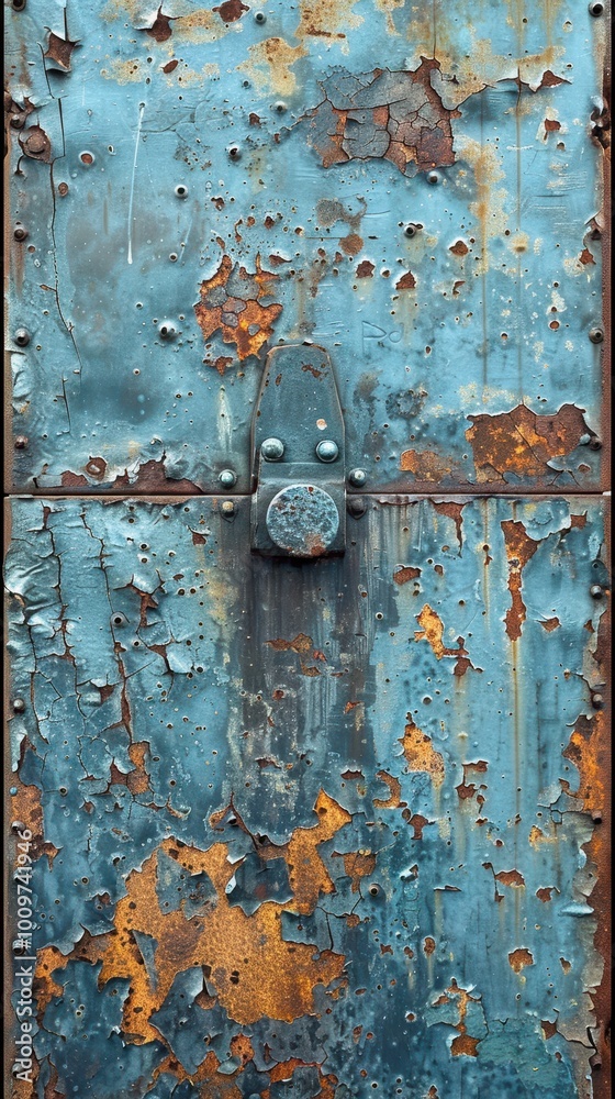 Weathered blue metal box revealing rust and peeling paint over years of exposure to the elements Weathered blue metal box revealing rust and peeling paint over years of exposure to the elements