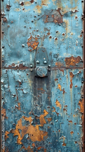 Weathered blue metal box revealing rust and peeling paint over years of exposure to the elements