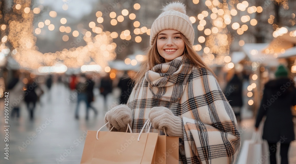 A young woman dressed in a cozy plaid coat, hat, and scarf enjoys an evening of shopping, surrounded by festive lights and a bustling crowd on a Christmas street A young woman dressed in a cozy plaid coat, hat, and scarf enjoys an evening of shopping, surrounded by festive lights and a bustling crowd on a Christmas street