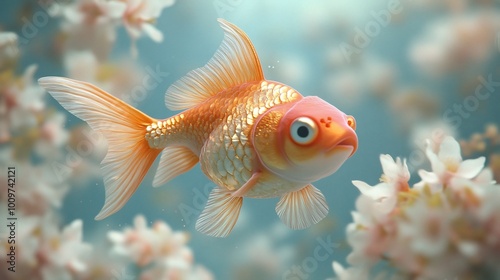 A goldfish swims gracefully among delicate pink flowers in a serene underwater scene. photo