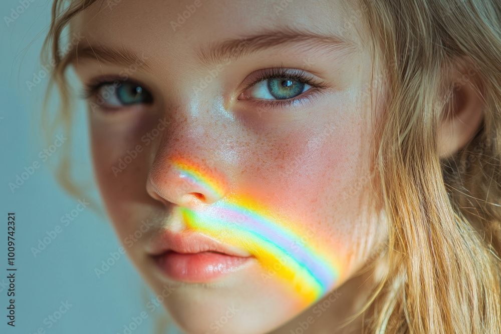 A young girl with sparkling blue eyes gazes softly as a rainbow reflection dances across her cheek A young girl with sparkling blue eyes gazes softly as a rainbow reflection dances across her cheek