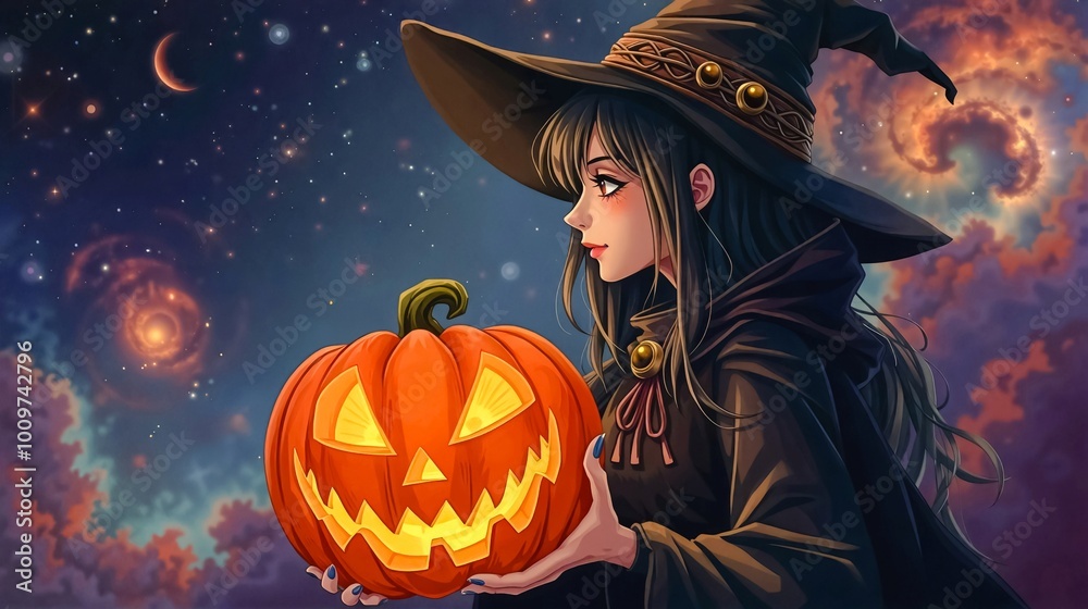 Enchanting Witch with carved pumpkin, A captivating young witch with a mischievous grin holds a glowing carved pumpkin against a backdrop of a starry night sky. Enchanting Witch with carved pumpkin, A captivating young witch with a mischievous grin holds a glowing carved pumpkin against a backdrop of a starry night sky.