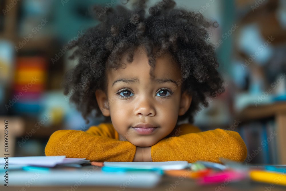 Portrait of thoughtful Afro American Schoolboy with curly hair leaning on table surrounded by colorful school supplies. Back to School Concept Portrait of thoughtful Afro American Schoolboy with curly hair leaning on table surrounded by colorful school supplies. Back to School Concept