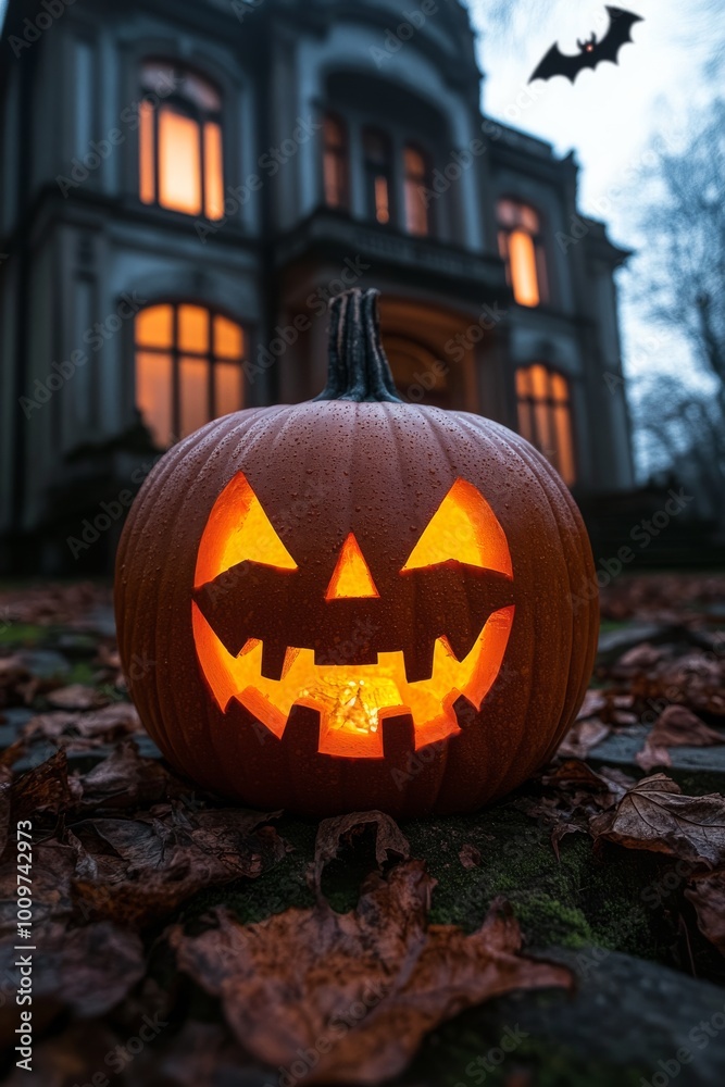 Spooky carved pumpkin glowing in front of a historic mansion during Halloween evening Spooky carved pumpkin glowing in front of a historic mansion during Halloween evening