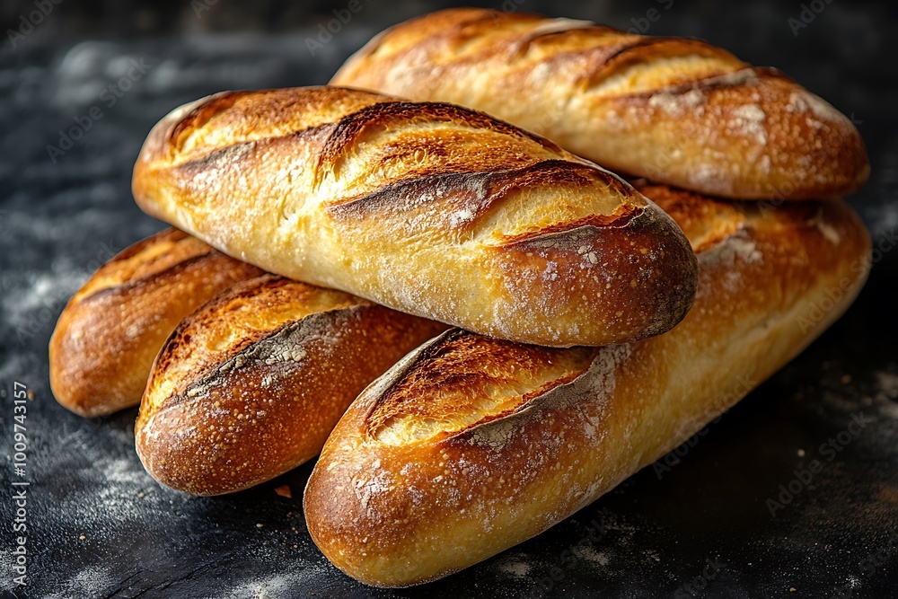 Freshly baked baguettes arranged on a dark background Freshly baked baguettes arranged on a dark background