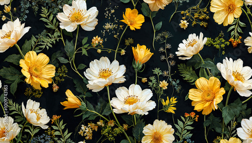 Bohemian Wallpaper with Earth Tones and Floral Design. This bohemian-style peel-and-stick wallpaper features a striking floral pattern set against an inky black background.	