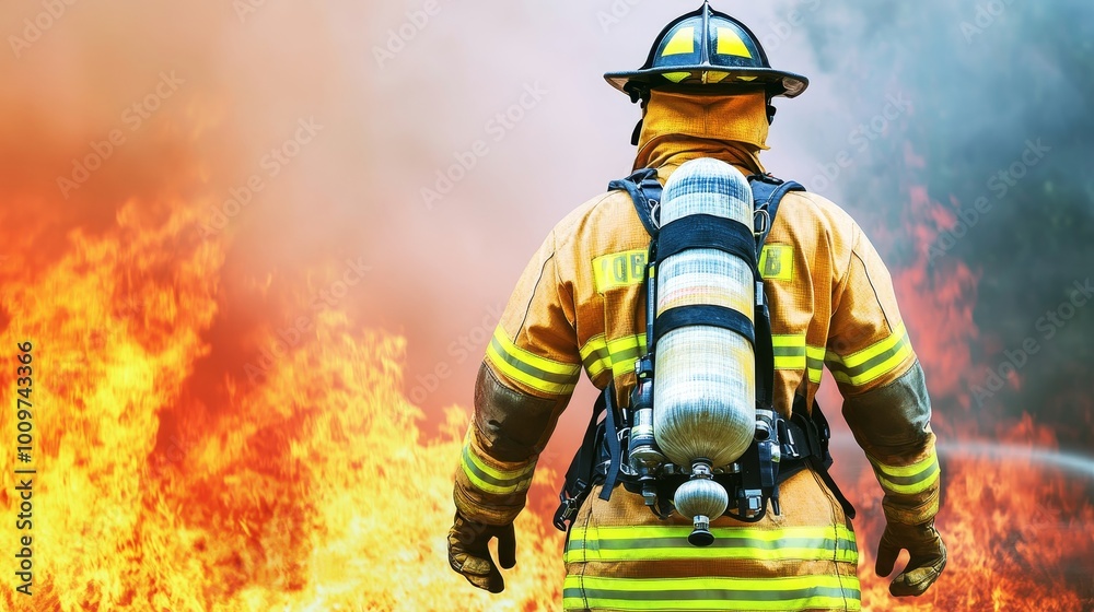 Heroic firefighter confronts raging chemical fire, surrounded by intense heat and blinding light. Heroic firefighter confronts raging chemical fire, surrounded by intense heat and blinding light.