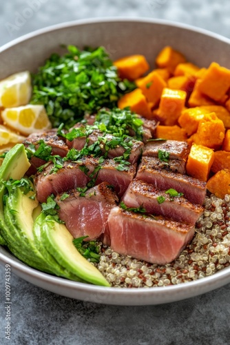 Delicious fresh tuna poke bowl with quinoa, sweet potatoes, and avocado topped with greens