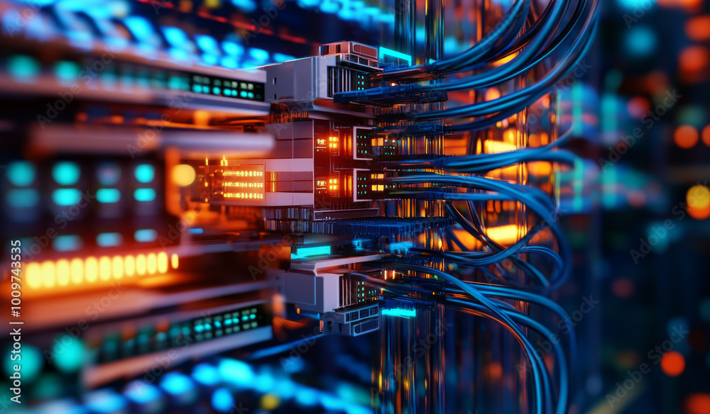 Abstract technological background, with network cables connected to data center server Abstract technological background, with network cables connected to data center server