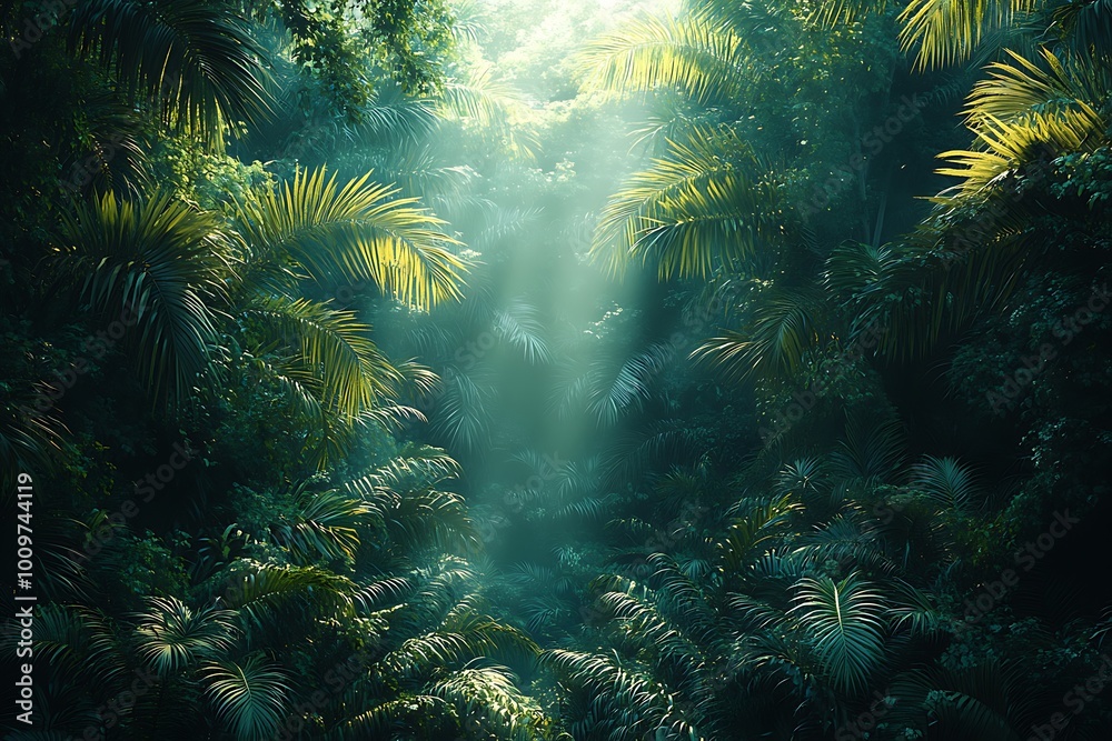 Sunbeams pierce through the dense canopy of a lush tropical jungle, illuminating the vibrant green foliage. Sunbeams pierce through the dense canopy of a lush tropical jungle, illuminating the vibrant green foliage.