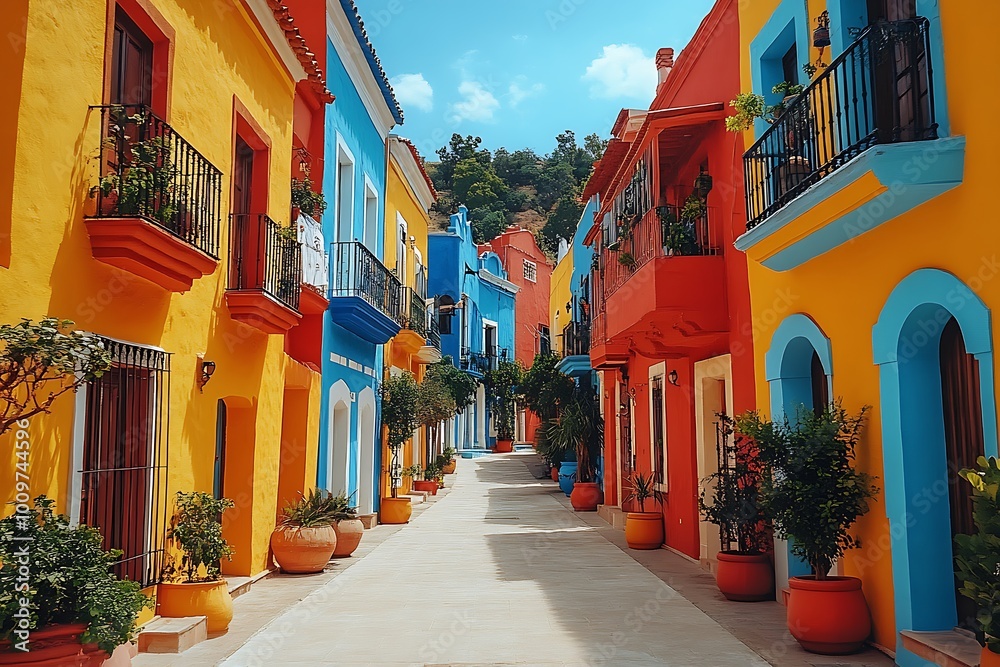 Fototapeta premium A narrow cobblestone street lined with vibrant colorful houses in a Mediterranean town.