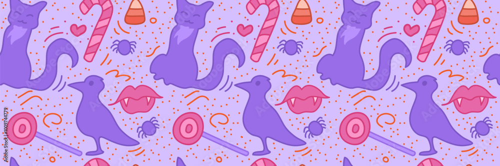 Halloween seamless pattern with crow and black cat and candy. Spooky stock vector illustration in cartoon style with outline. Halloween seamless pattern with crow and black cat and candy. Spooky stock vector illustration in cartoon style with outline.