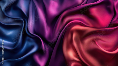 Flowing silk fabric in rich jewel tones with realistic texture and subtle sheen. Evokes luxury for fashion and cosmetics. High-resolution digital background.