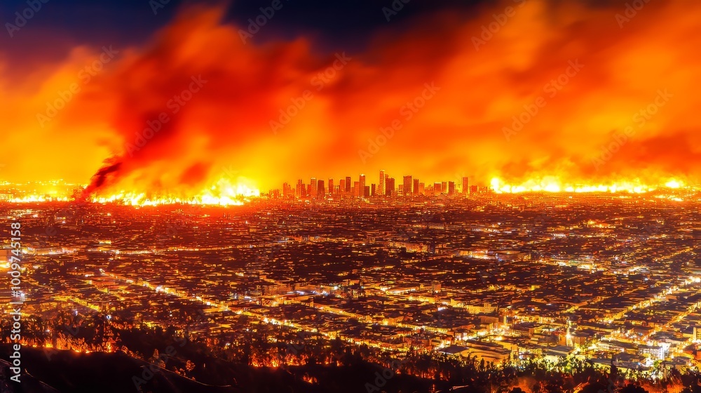 Apocalyptic Cityscape - A city skyline engulfed in the eerie orange glow of a distant chemical fire, casting an ominous shadow over the urban landscape. Apocalyptic Cityscape - A city skyline engulfed in the eerie orange glow of a distant chemical fire, casting an ominous shadow over the urban landscape.