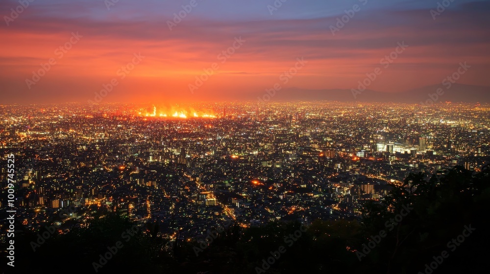 Naklejka premium Apocalyptic Cityscape - A city skyline engulfed in the eerie orange glow of a distant chemical fire, casting an ominous shadow over the urban landscape.