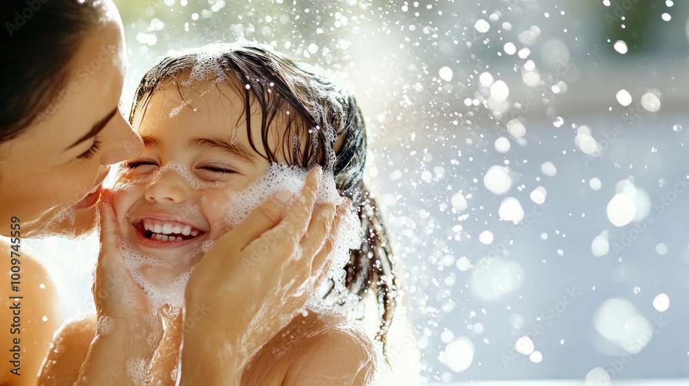 Happy Child Playing with Soap Bubbles During Bath Happy Child Playing with Soap Bubbles During Bath