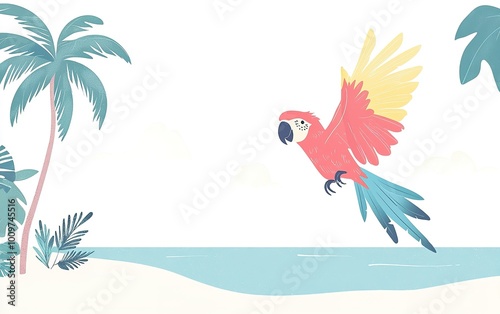 Colorful parrot soaring over a serene beach with palm trees under a bright sky during a sunny day photo