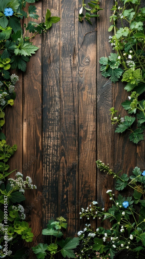 A rustic wooden board adorned with various green plants and wild grass for a natural feel A rustic wooden board adorned with various green plants and wild grass for a natural feel