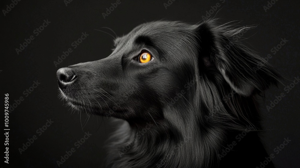 Fototapeta premium A black dog with bright eyes gazing thoughtfully in low light conditions