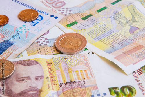 close-up: 50 bulgarian lev banknotes 20 bulgarian levs 2 bulgarian lev coin 50 stotinki coin