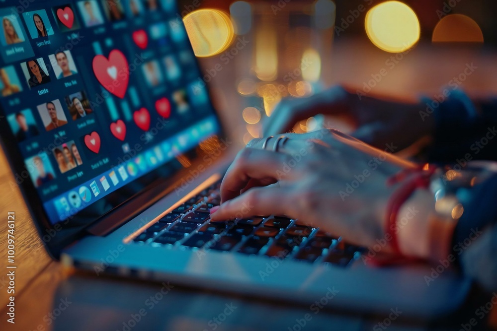close-up shot of a person's hands typing on a laptop while using an online dating website, with the screen displaying various profiles and a heart symbol in the search bar. close-up shot of a person's hands typing on a laptop while using an online dating website, with the screen displaying various profiles and a heart symbol in the search bar.