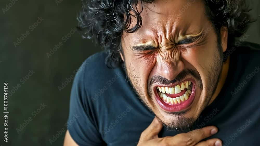 A young adult male with curly hair and a distressed expression clutches his chest in a dark indoor setting. The close-up shot highlights his intense emotion and anguish, suggesting themes of pain or