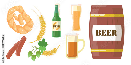 Set of delicious beer in cartoon style. Vector illustration of an alcoholic drink: pretzel, sausages, ears of corn, hops, glasses with light and dark beer, keg of beer isolated on white background.