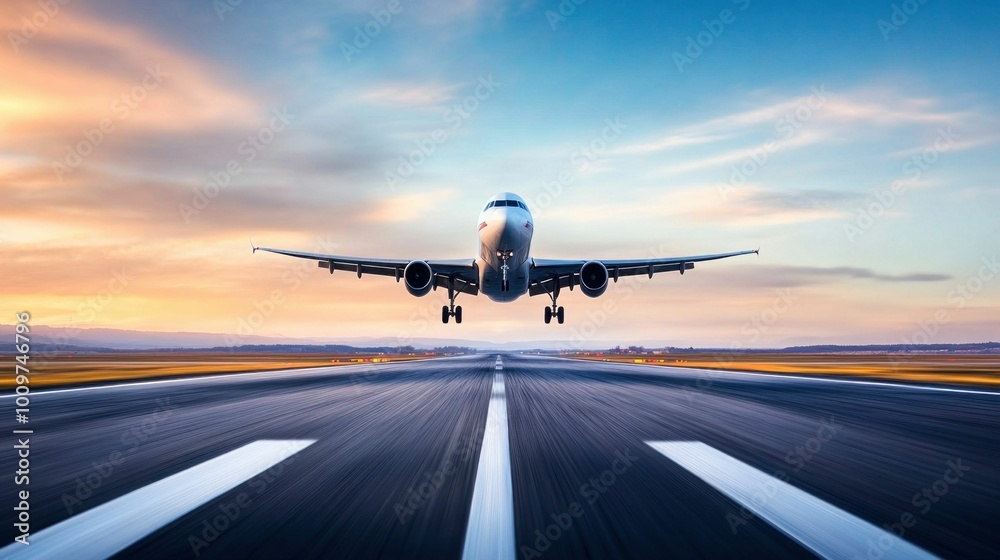 Fototapeta premium Airplane Preparing for Takeoff at Sunset
