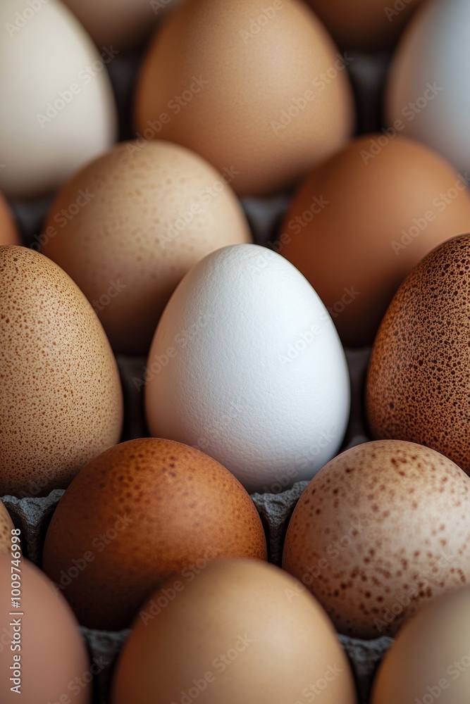 Variety of eggs displayed in a market, showcasing different colors and textures in one carton Variety of eggs displayed in a market, showcasing different colors and textures in one carton