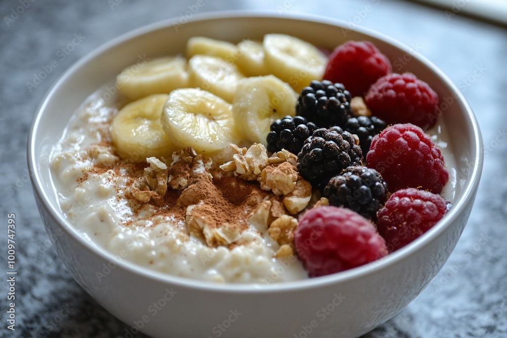 Bowl of oatmeal with bananas, raspberries, blackberries, walnuts and cinnamon.