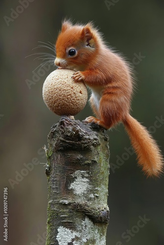 
Ardilla en una rama alta de un árbol, sosteniendo una nuez entre sus patas delanteras. La imagen destaca su postura balanceada y los detalles de su pelaje esponjoso, ideal para temas de naturaleza photo