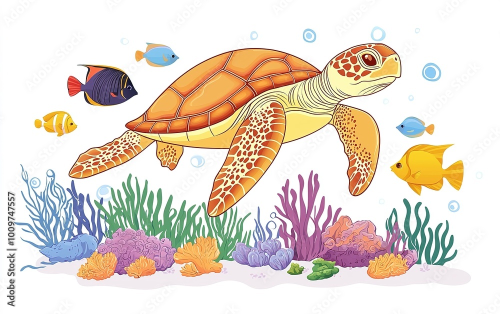 Naklejka premium A vibrant sea turtle gracefully swims through a colorful coral reef teeming with diverse tropical fish and marine life