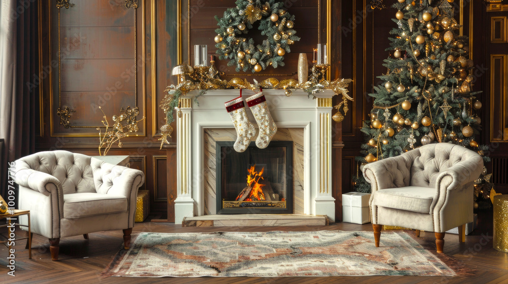 Obraz premium Luxurious hotel lounge beautifully decorated for Christmas, featuring elegant fireplace, plush armchairs, and lavishly adorned Christmas tree. Concept of festive luxury, warmth, holiday celebration