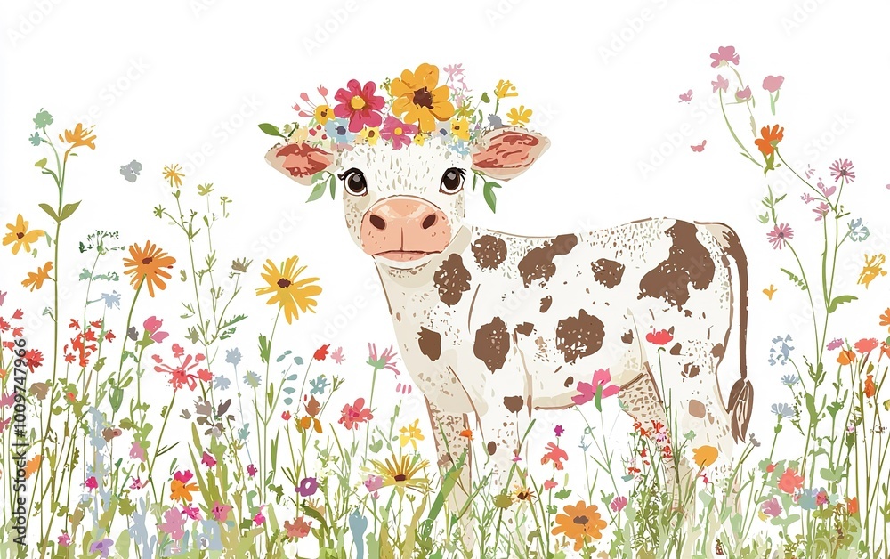 Naklejka premium A playful calf adorned with a floral crown amidst a vibrant meadow of wildflowers in springtime tranquility