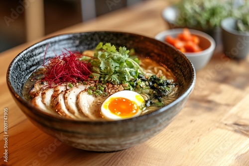 Bowl of ramen with chicken, egg, and vegetables.