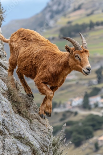 Cabra montesa equilibrada sobre la cima de una roca, con un paisaje montañoso de fondo. La imagen destaca la destreza y agilidad del animal, mostrando detalles de su pelaje y su postura dominante. photo