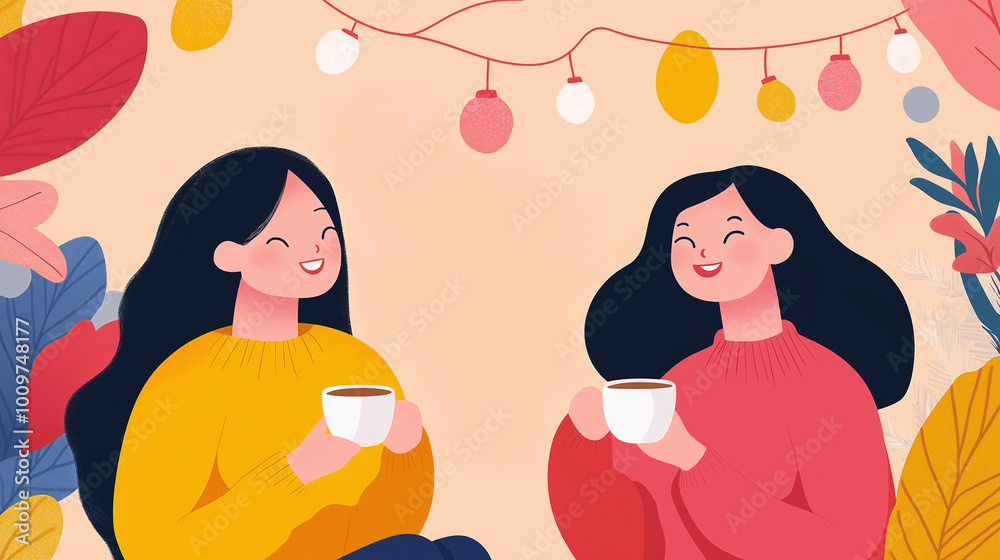 Two friends enjoying coffee together in a minimalist flat illustration, celebrating friendship in a trendy winter atmosphere with pastel colors, featuring ample copy space for personalized text Two friends enjoying coffee together in a minimalist flat illustration, celebrating friendship in a trendy winter atmosphere with pastel colors, featuring ample copy space for personalized text