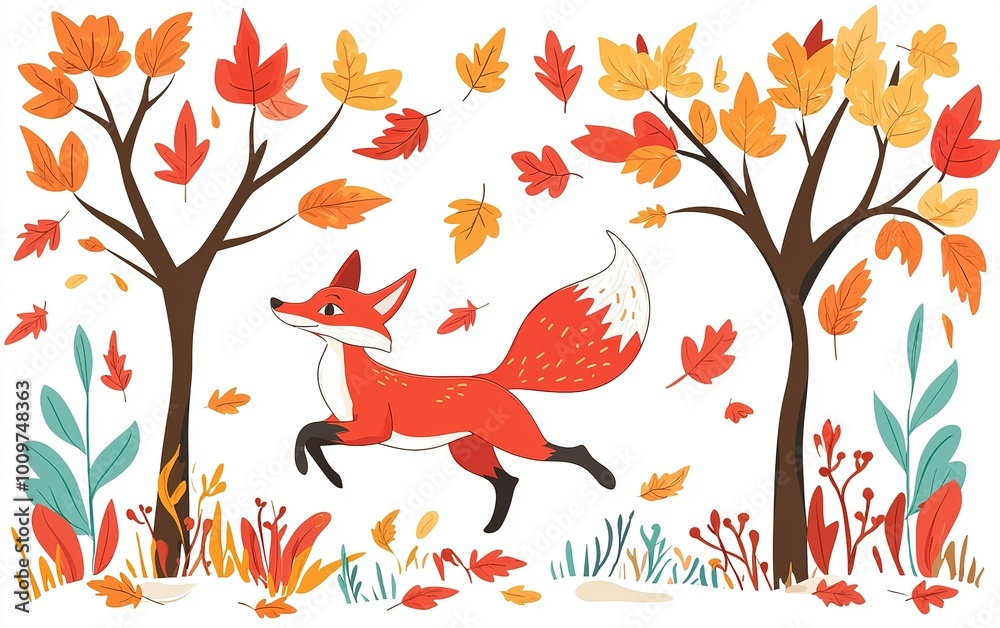 A playful fox joyfully dashes through a vibrant autumn forest filled with colorful falling leaves A playful fox joyfully dashes through a vibrant autumn forest filled with colorful falling leaves