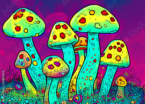 abstract cartoon style crazy fluorescent mushrooms created with generative ai technology photo