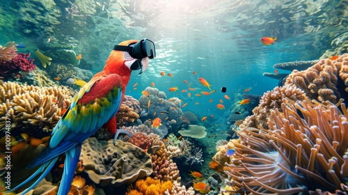 Colorful parrot wearing virtual reality glasses in a vibrant coral reef. Concept of exotic bird, marine life, VR technology, underwater exploration photo