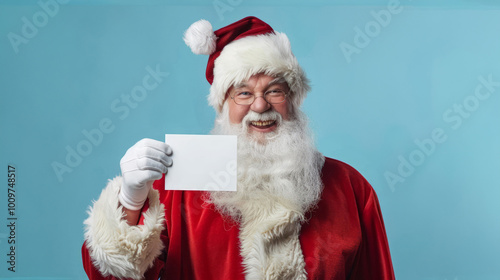 Santa Claus Holding an Empty White Card on Blue Background. Concept of Christmas, Winter Holiday, Festive Greetings, Santa Messages. Greeting card, mockup, invitation. Copy space