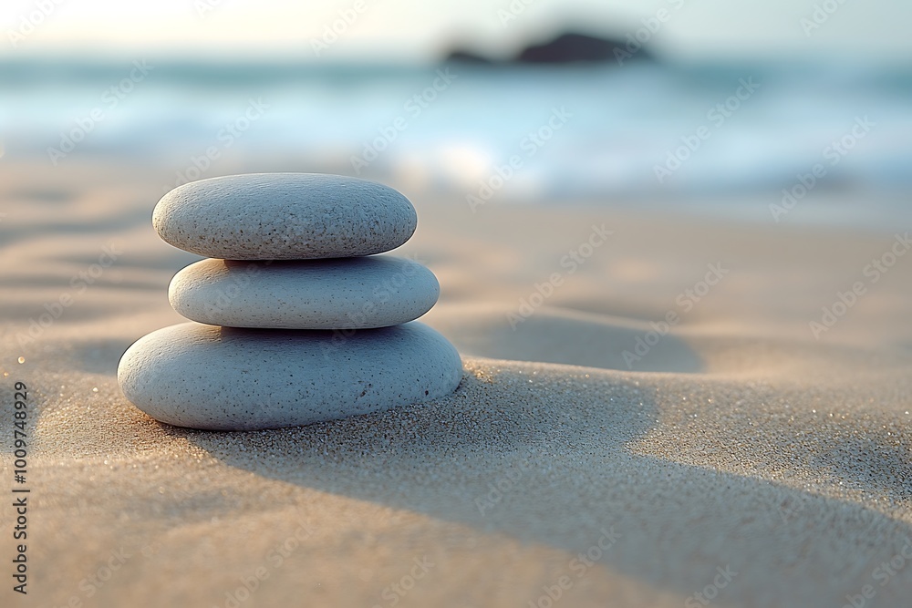 Three white stones stacked on top of each other on a sandy beach Three white stones stacked on top of each other on a sandy beach