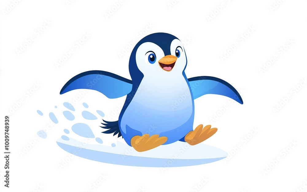 A cheerful cartoon penguin joyfully slides across a snowy landscape, capturing the essence of winter playfulness and fun A cheerful cartoon penguin joyfully slides across a snowy landscape, capturing the essence of winter playfulness and fun