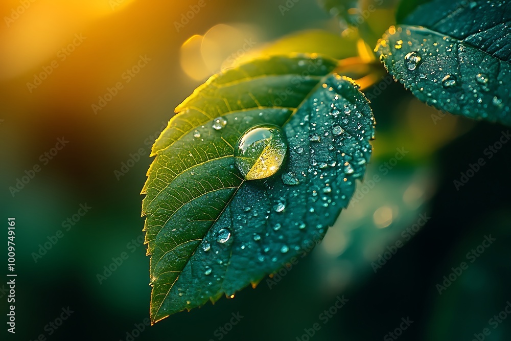 Close-up of a green leaf with water drops in golden sunlight Close-up of a green leaf with water drops in golden sunlight